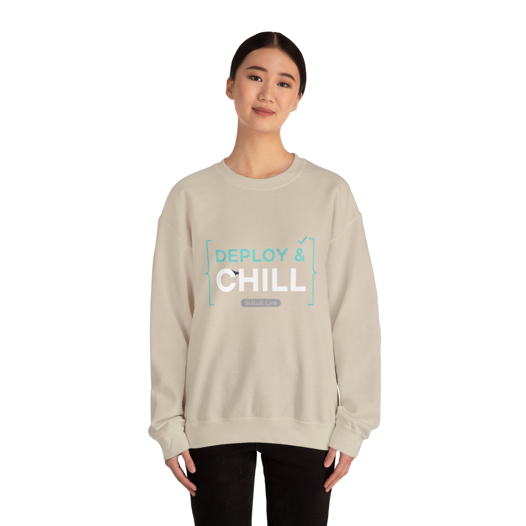DEPLOY & CHILL Crewneck Sweatshirt — Dev Ops Casual Tech Pullover