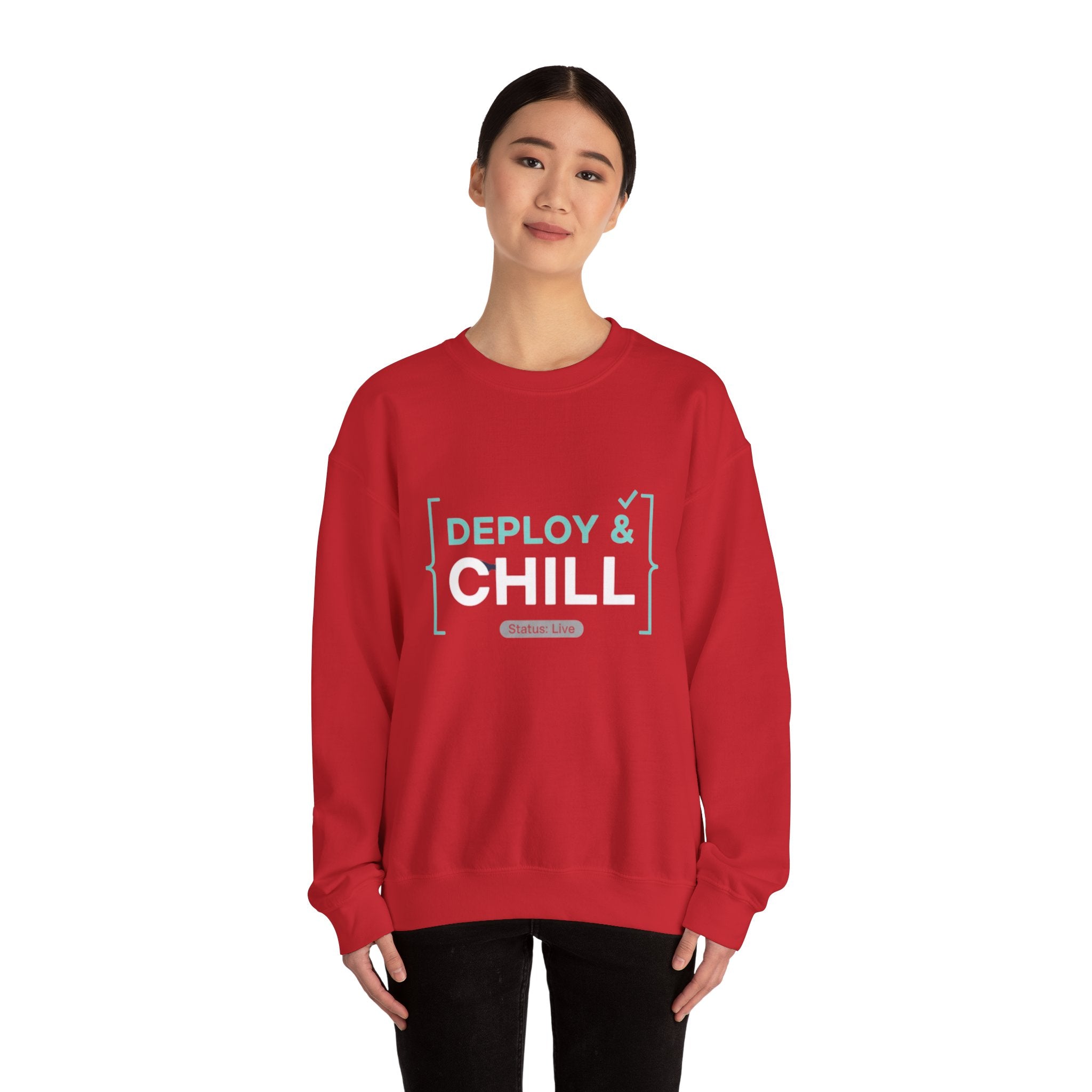 DEPLOY & CHILL Crewneck Sweatshirt — Dev Ops Casual Tech Pullover