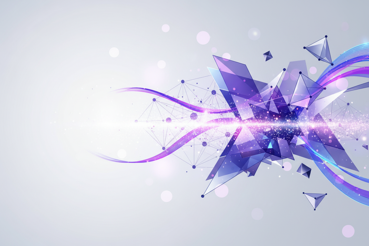 Abstract digital transformation concept, flowing data streams in purple 
#9867FF and blue #1E73BE gradient, geometric shapes, light particles, 
neural network connections, minimalist modern design, soft bokeh effect, 
premium corporate aesthetic, clean background for text overlay, 
horizontal hero banner 1920x600px
